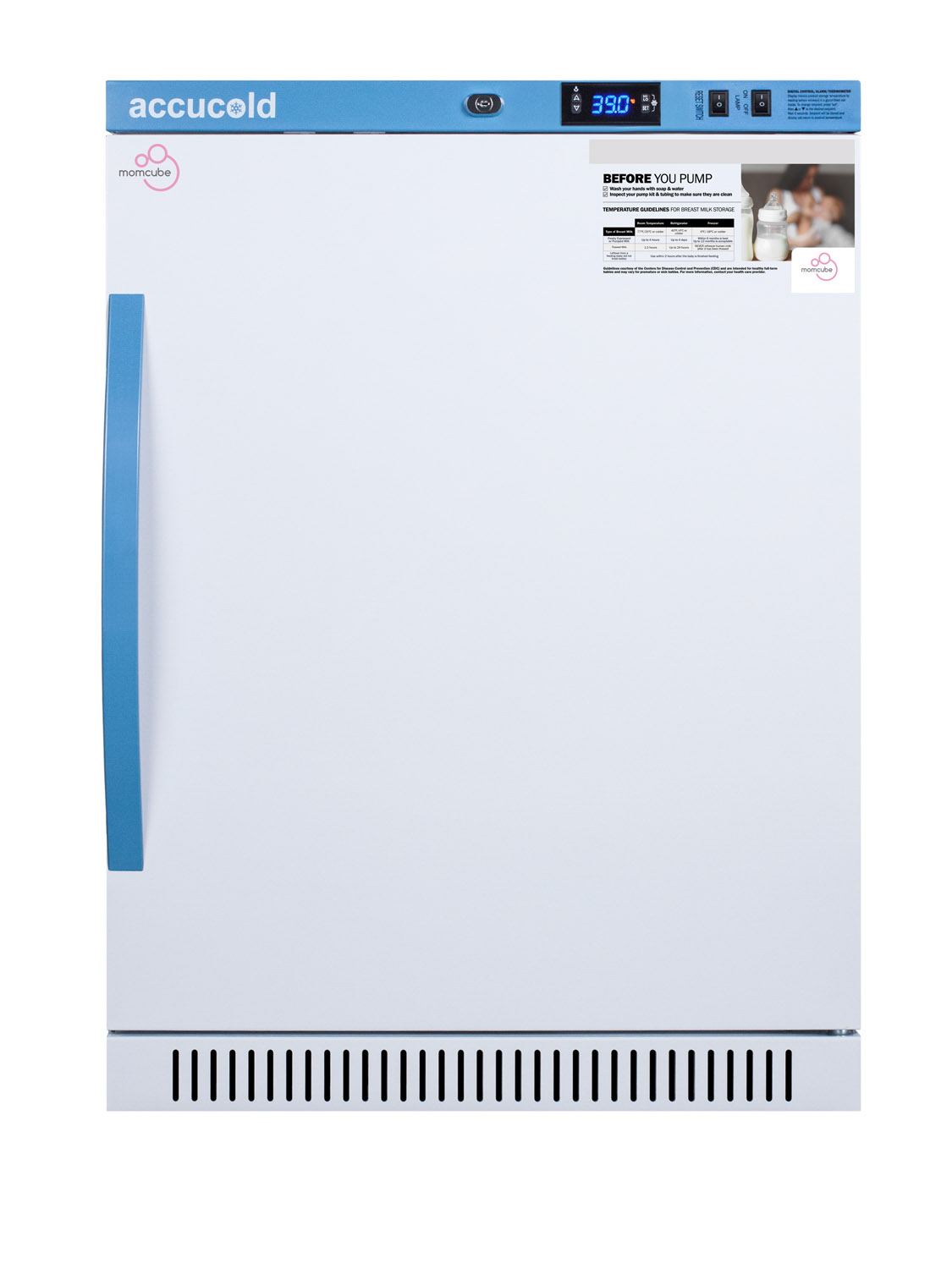 Purpose-built ADA height all-refrigerator for breast milk storage with 4 adjustable shelves, antimicrobial silver-ion handle, and hospital grade cord with 'green dot' plug
